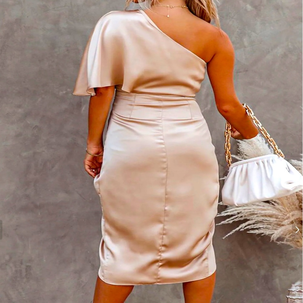 One Shoulder Ruched Front Slit Evening Midi Dress